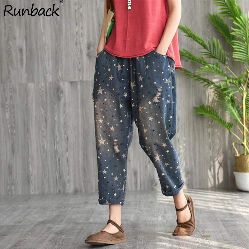 

Runback Ladies Jeans Harem Pant Flower Print Elastic Waist Ankle Length Spring 2019 Vintage Plus Size Pantalon Large Denim Pants
