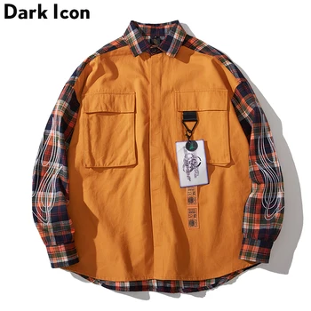 

Dark Icon Front Pocket Plaid Patchwork Hip Hop Shirt Men Women 2019 Spring Hi-end Fashion Men's Shirt Flannel Shirts for Men