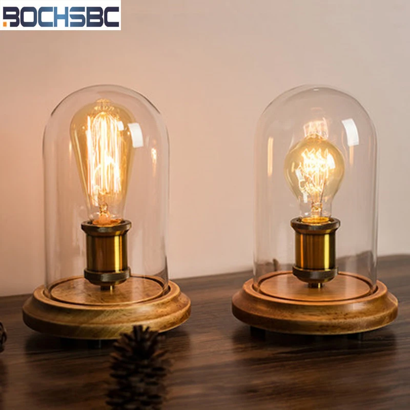 BOCHSBC Loft Solid Wood Table Lights for Bedrom Bedside Light Cafe Home Decor Desk Lamp with Glass Shade Lampe de table Lampada BOCHSBC Loft Solid Wood Table Lights for Bedrom Bedside Light Cafe Home Decor Desk Lamp with Glass Shade Lampe de table Lampada
