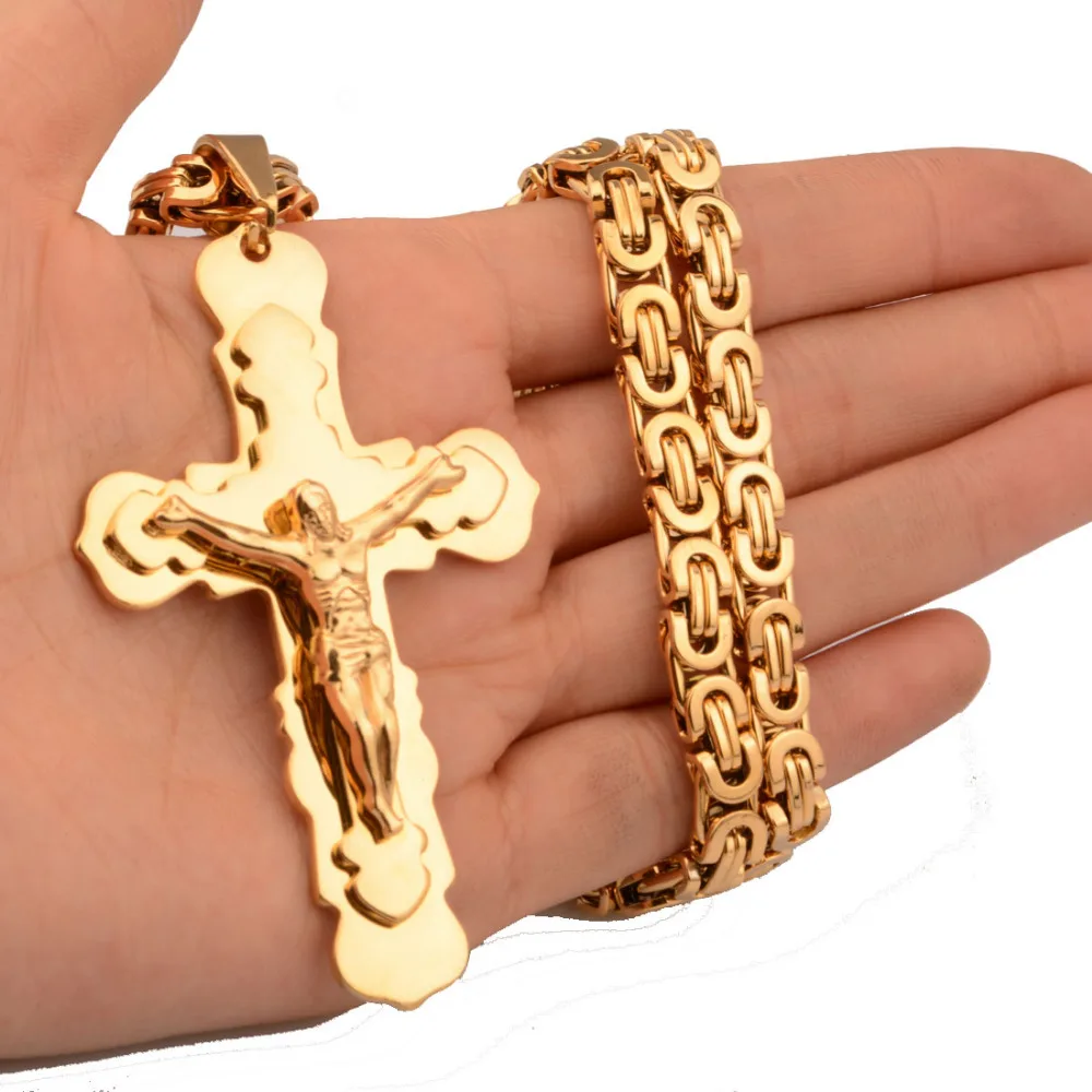 Мужские ювелирные изделия кулон ожерелье высокого качества золотой цвет из нержавеющей стали крест кулон византийское ожерелье 18-30"