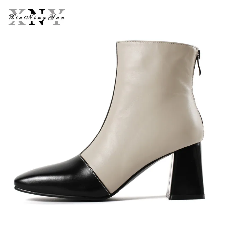 

XiuNingYan Women Ankle Boots Autumn Winter Shoes for Women Genuine Leather Square Toe Zipper Square Heels Black Large Size 33-43