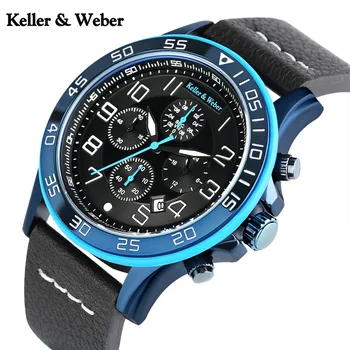 

Keller & Weber Mens Wrist Watch Fashion Male Quartz Chronograph Sport Army Military Genuine Leather Stop Watch