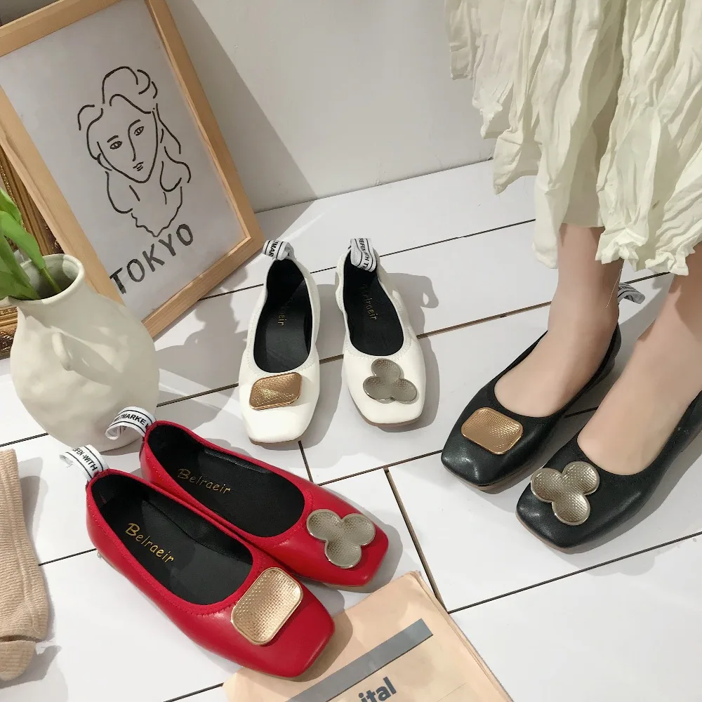 

Red White Black Elegant Metal Decoration Leather Women Flats Slip on Hot Selling Square Toe ladies ballerina Boat Shoes Spring