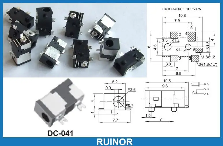 

500pcs DC 041 2.5mm x 0.7mm DC Socket Jack SMD PCB Charger Power Plug Soldering