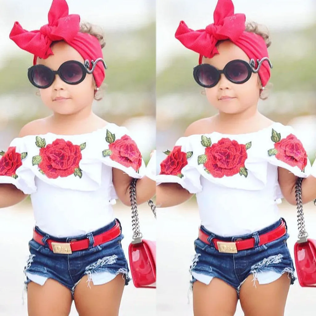 

Toddler Kids Baby Girls Outfits Flower Rose Tops Denim Shorts Pants Clothes Baby Set Bebek Giyim Vetement Enfant Fille