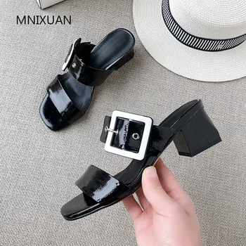 

MNIXUAN Handmade summer women shoes slipper sandals 2019new patent leather buckle casual solid slides high heels plus size 34-43
