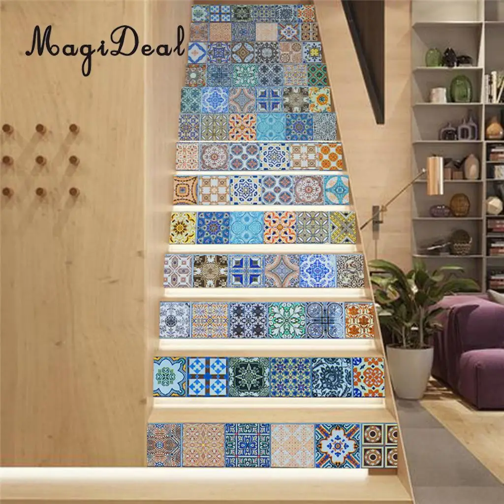 13Pcs 3D DIY Tile Stairs Stickers Removable Waterproof Wallpaper Stickers Self-adhesive Stair Riser for Stairway or Home Decor