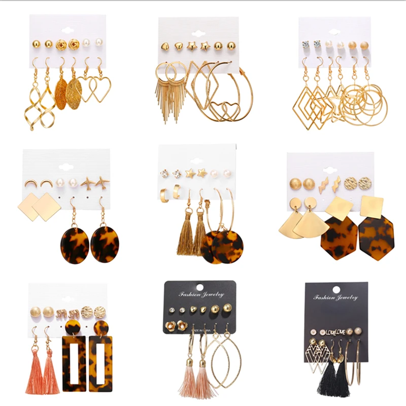 

Boho Gold Tassel Stud Earrings Set For Women 2019 Bohemian Gold Flower Long Earring Female Fashion Wedding Jewelry Oorbellen