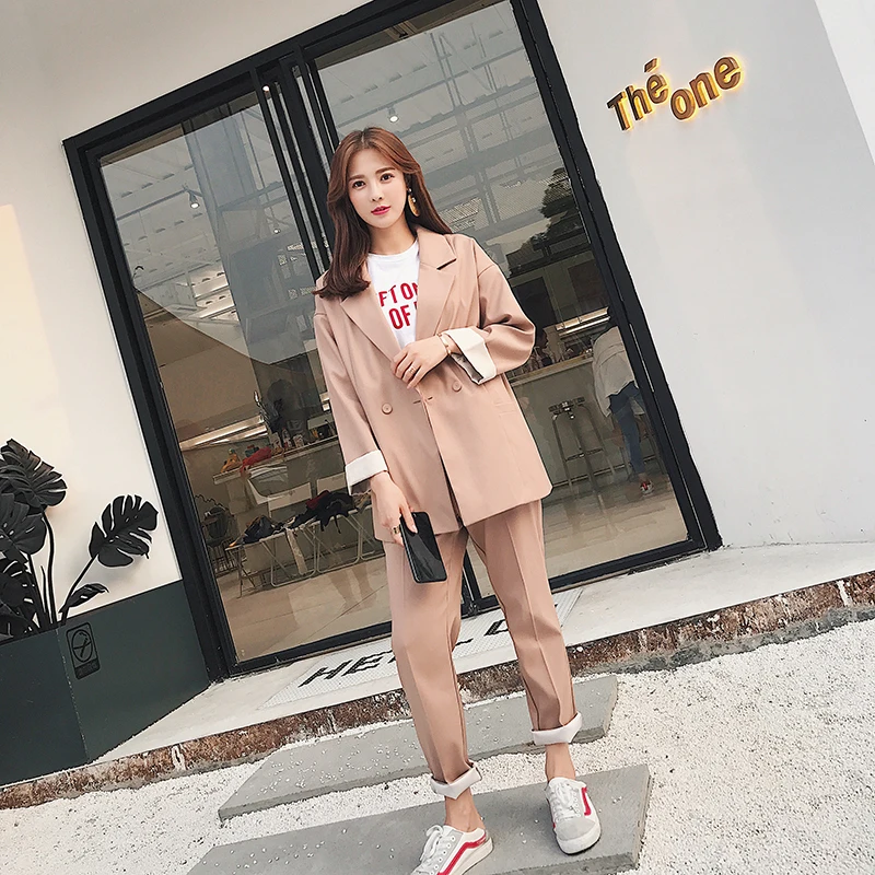 Spring autumn pant Suits Female 2 pieces set Casual Long blazer Jacket Loose Korean of office women clothes coat two pieces suit