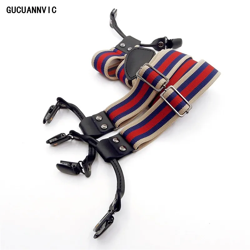 

New 6 clips elastic strap leather men's suspenders british style warm colors braces men adjustable elastic Straps