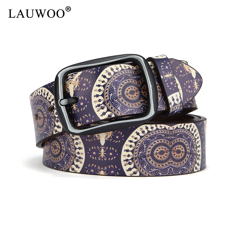 LAUWOO брендовый дизайнерский Мужской винтажный ремень из натуральной кожи, женский модный джинсовый ремень с принтом, универсальный ремень с изображением глаза совы