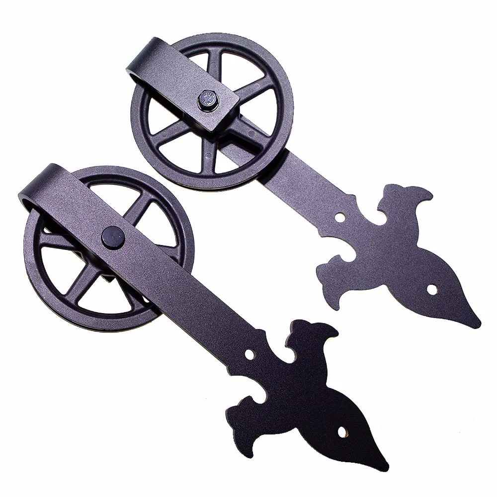 LWZH Sliding Barn Door Hardware Kit Black Steel Arrow Flower- Shaped with Big Rollers Closet Door Hardware for Double Door 7/9FT