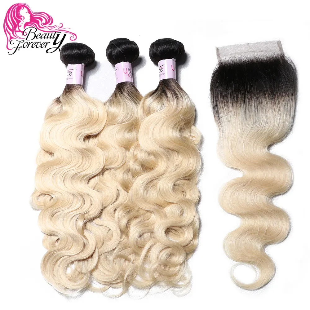 

Beauty Forever Brazilian Body Wave Human Hair Weaves Bundles With Lace Closure 4*4 Free Part 3pcs Remy Human Hair T1B/613