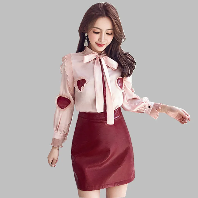 

HAMALIEL New Fashion Women Skirt Suit 2019 Spring Chic Pink Love Pattern Ruffles Bow Collar Shirt Tops + PU Wine Red Suits 2 Pcs