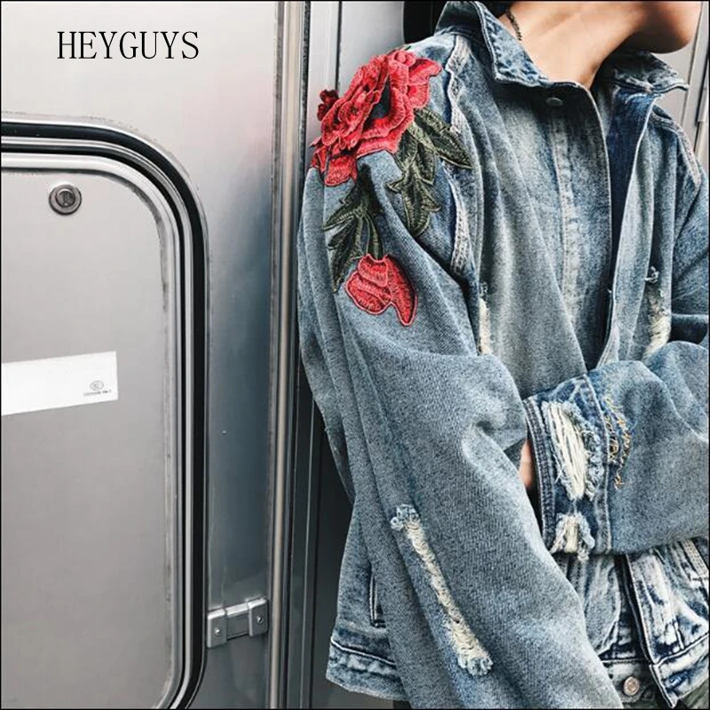 Новые весенние Мужская одежда джинсовая куртка 3D с цветочной вышивкой в виде роз, Винтаж потертые пальто с отверстиями Хай-стрит в стиле «хип-хоп»; верхняя одежда