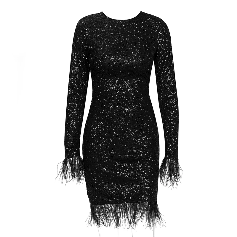 Новая мода Горячая черное с длинным рукавом шикарное женское платье с блестками с открытой спиной перья коктейльное платье для выпускного вечера vestidos