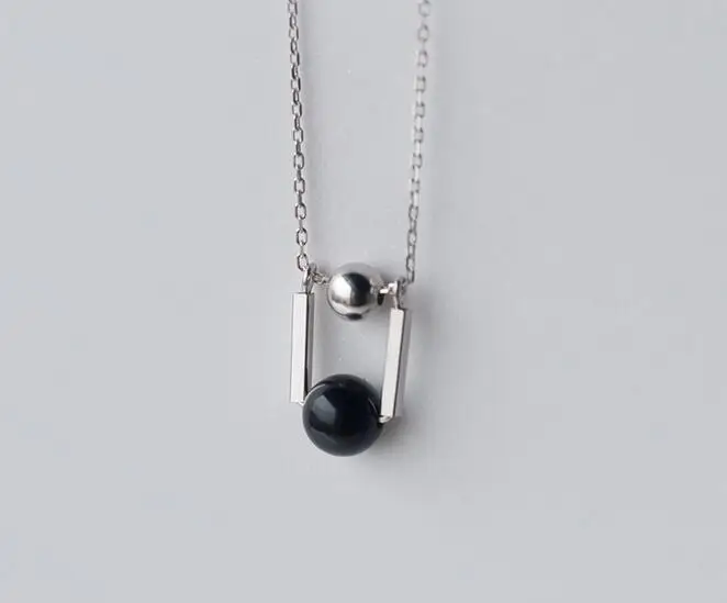 Women s Fashion Real 925 Sterling Silver Jewelry Black Ball Polished ball Geometric Shape Necklace Pendant