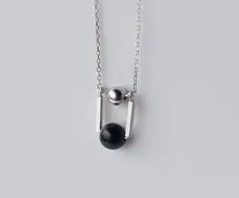 Mujeres de La Moda Real. 925 Joyería de Plata Esterlina Bola Negro y Pulido bola Forma Geométrica Collar Colgante GTLX1353