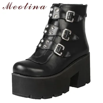

Meotina Autumn Motorcycle Boots Women Buckle Platform Thick High Heel Ankle Boots Rivets Zipper Shoes Female Winter Plus Size 46