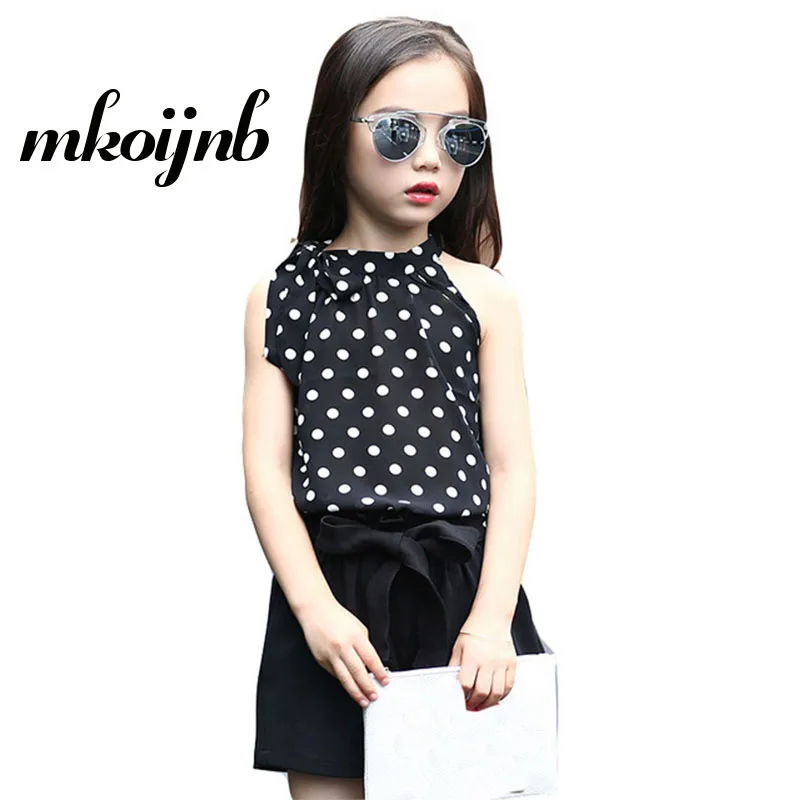 

Girls Summer Chiffon Set Girls Cartoon Sling Clothing Set 2018 Polka Dot Set 2Pcs T shirt Pants Kids Clothes For 4 6 8 10 12 Y