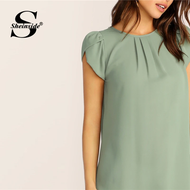 Sheinside элегантное зеленое платье с рукавами-лепестками для женщин летнее Плиссированное прямое платье спереди для девушек однотонное платье с замочной скважиной на спине