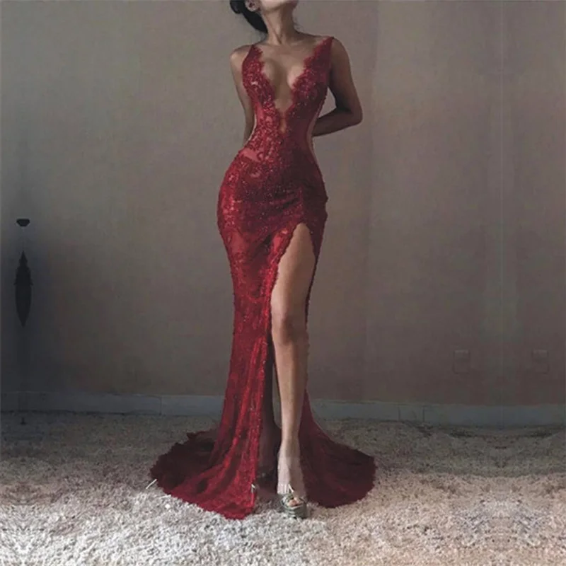 

Sexy Mermaid Front-Split Lace Prom Gowns Sleeveless Deep V-Neck Evening Gowns Floor Length Party Dresses Custom Made