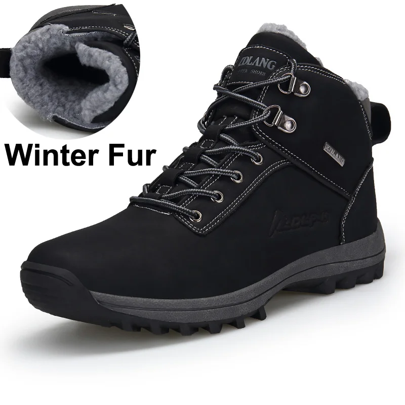 Мужские ботинки теплые зимние ботинки на меху и из парусины Мужская Рабочая обувь мужская обувь, резиновые ботильоны зимние кроссовки, большой размер 47 - Цвет: Black Fur