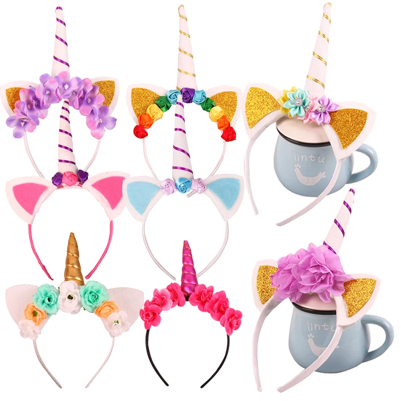 

Hot 2style Multicolor Kids Cute Funny Unicorn Horn Hairband Girls children Floral Headband Cosplay Decorative Hair Accessories