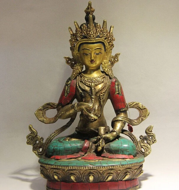 

Collectible bronze lion statue S0879 Tibet Buddhism Copper Inlay Turquoise Coral Ruby Beryl Vajradhara Vajrasattva B0403