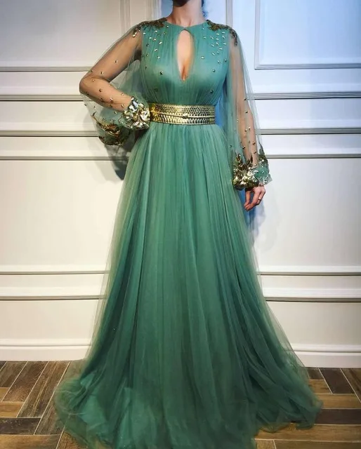 Дубай Арабский Зеленый А-силуэт вечернее платье винтажное золотое с аппликацией фонарь рукав vestido de festa вечернее платье - Цвет: Хаки
