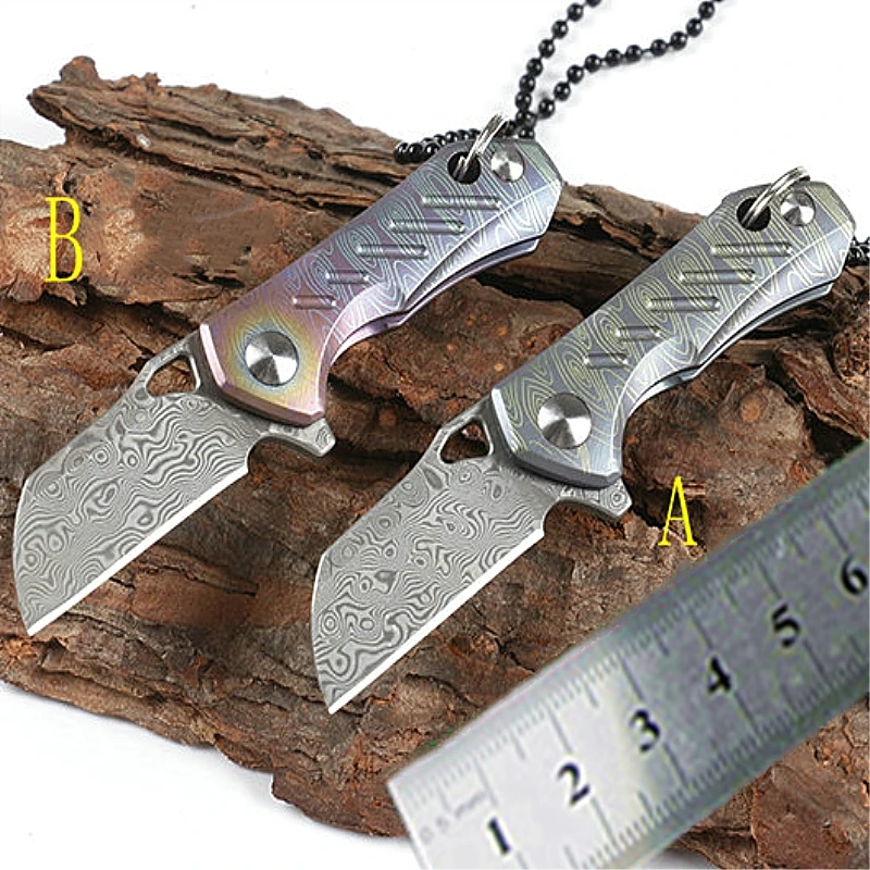 

mini Damascus folding knives small Titanium handle key chain ring camping survival pocket knifes flipper gift multi EDC knife
