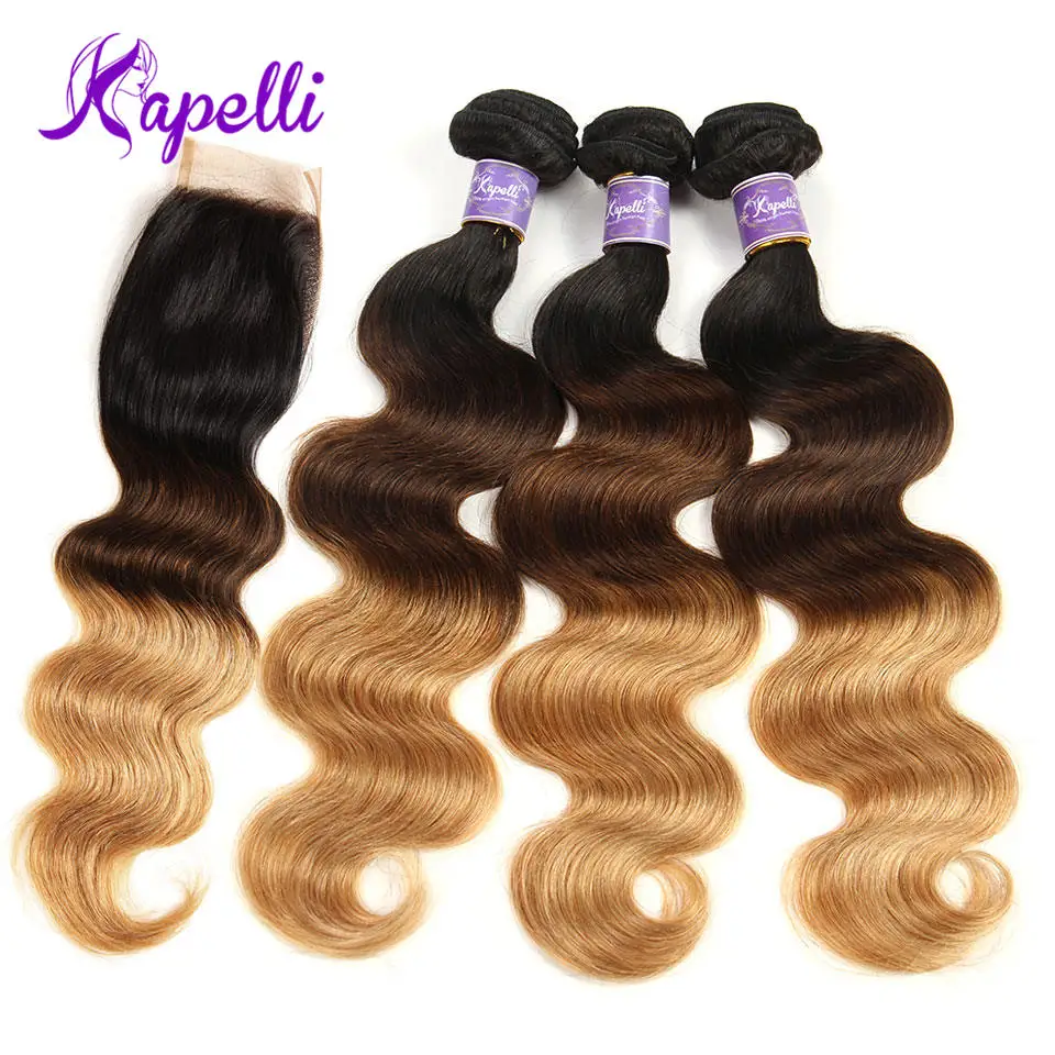 

Ombre Bundles With Closure 3 Bundles With Closure Ombre Brazilian Body Wave Human Hair 1b/4/27 4x4 Blonde Lace Closure Remy Hair