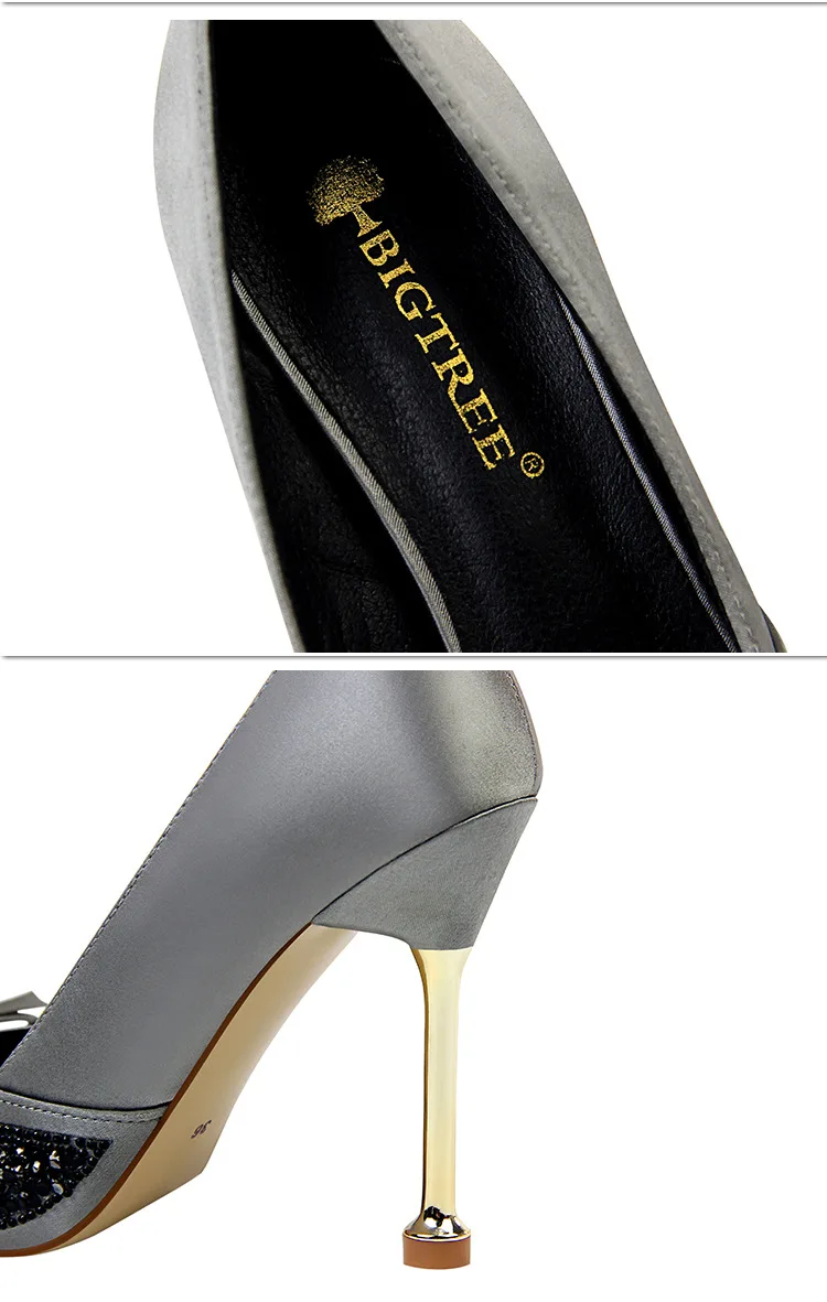 Осенние туфли-лодочки; туфли на высоком металлическом каблуке с блестками; атласные женские высокие туфли с острым носком и бантом; G171-28