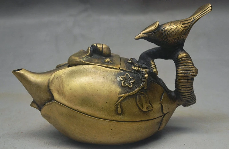 

8" China FengShui Bronze Auspicious Bird Hunt Snail On Plum Statue Teapot Flagon