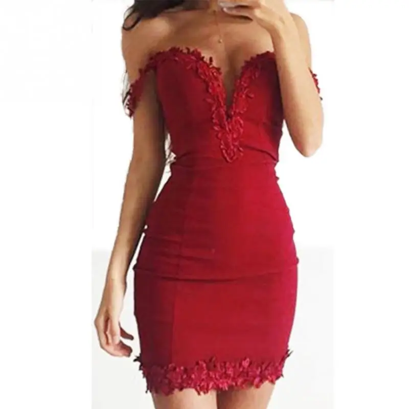 

Summer Red Black Lace Tunic Women's Slim Dress ladies Sexy Sleeveless Off Shoulder Flower Purfle Bodycon Mini Dress