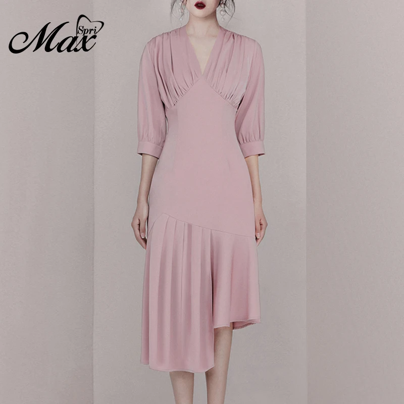 

Max Spri 2019 New Elegant Women V Neck Half Lantern Sleeves Asymmetrical Flounce Hem Turmpet Fashion Slim Party Midi Dress