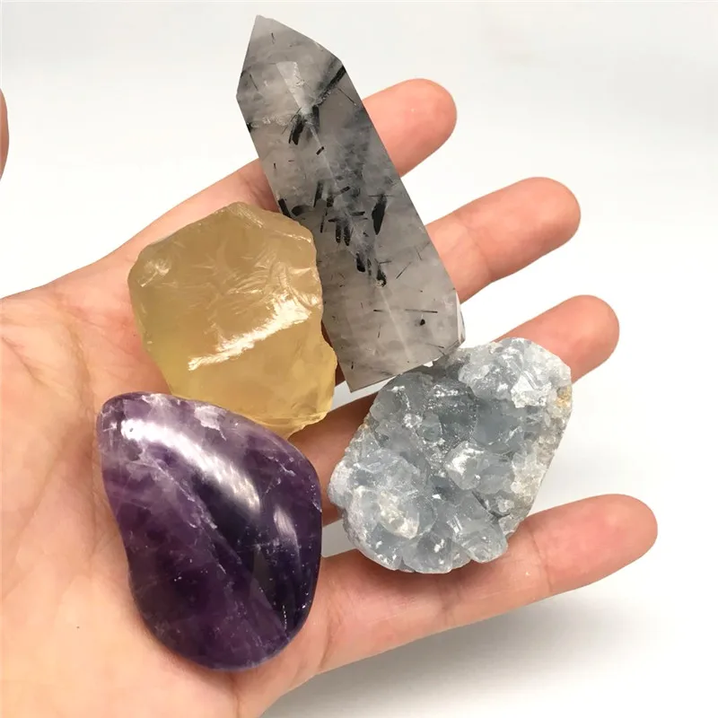Natural black tourmaline quartz crystal point + celestine geode + citrine rough stone + amethyst polished stone (3)
