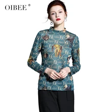 OIBEE2019 Новая модная футболка с буквенным принтом полувысокий воротник с длинными рукавами Свободная рубашка плюс размер рубашки