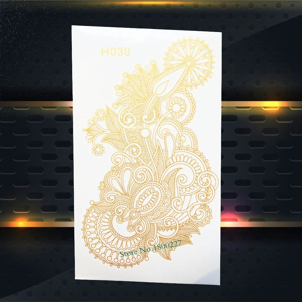 

1PC Beauty Women Body Art Gold Metallic Tattoo Henna Mehndi Flower Arm Decals Waterproof Flash Temporary Tattoo Stickers PGH030