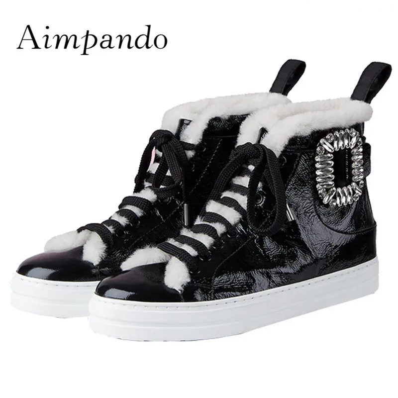 

2019 Chic Snow Boots Woman Round Toe Rhinestone Buckle Lace-up Wool Fur Ankle Boots Women Winter Casual Shoes