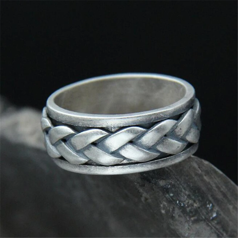 

Fashion Punk Mens 100% 925 Sterling Silver Rotatable Spinner Chain Antique Silver Twisted Weave Band Ring Finger Jewelry