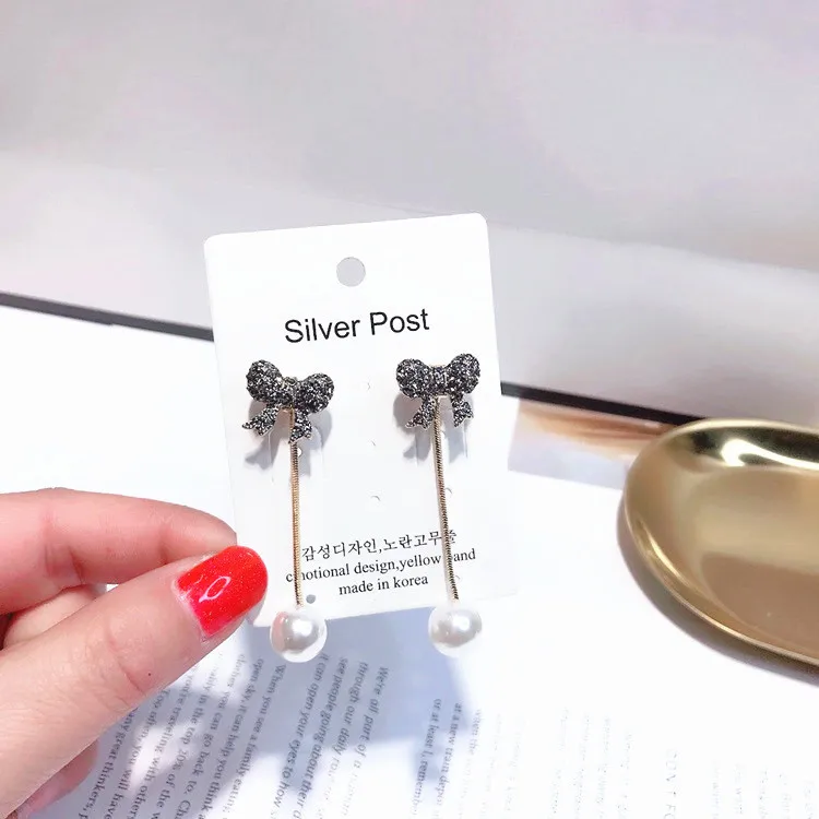 bow tassel earrings 925 silver post Hypoallergenic fadeless alloy fashion jewelry stud earrings for women girl Christmas gift