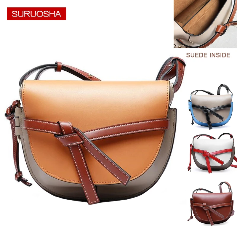

Genuine Leather Bow Handbags for Women 2019 Luxury Designer Retro Saddle Shoulder Bags Famous Brands Ladies Crossbody Bag Brown