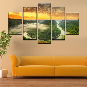 

Wall Art Posters Home Decoration Modern 5 Panel River Around Mountain Landscape Living Room Painting Shipped 24 Hour
