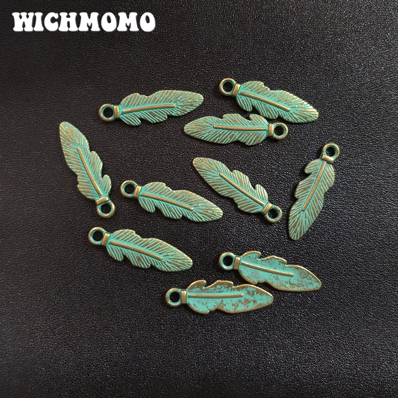 

New 50pcs/bag 25MM New Retro Patina Plated Zinc Alloy Green Feather Charms For DIY Jewelry Accessories