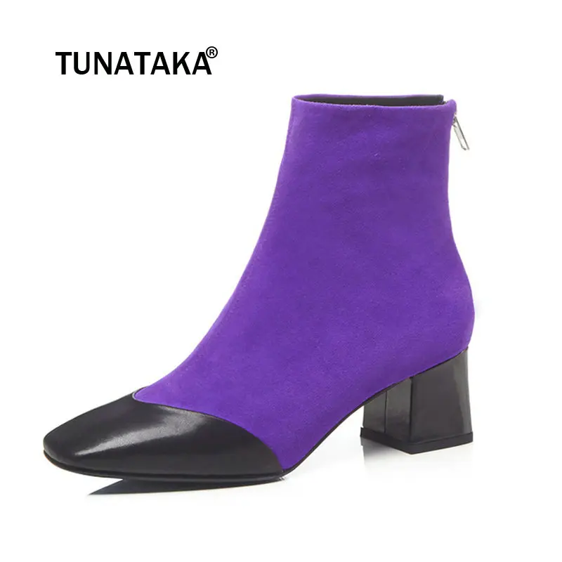 

Women Suede Comfort Thick Heel Mixed Colors Ankle Boots Fashion Zipper Square Toe Fall Winter Shoes Black Blue