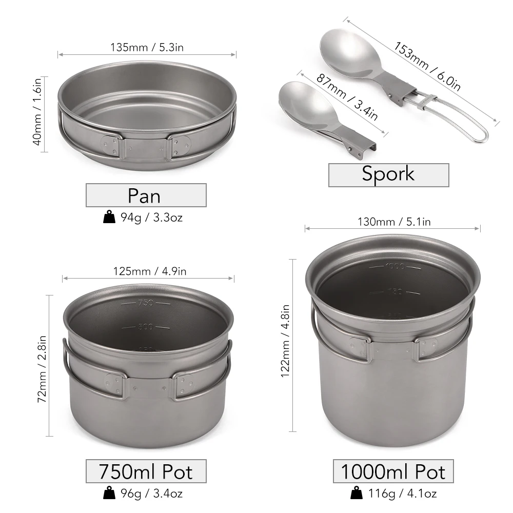 1000ml 750ml Titanium Pot Pan Spork Set Camping Titanium Cookware Set for Outdoor Hiking Backpacking Picnic Cooking Equipment