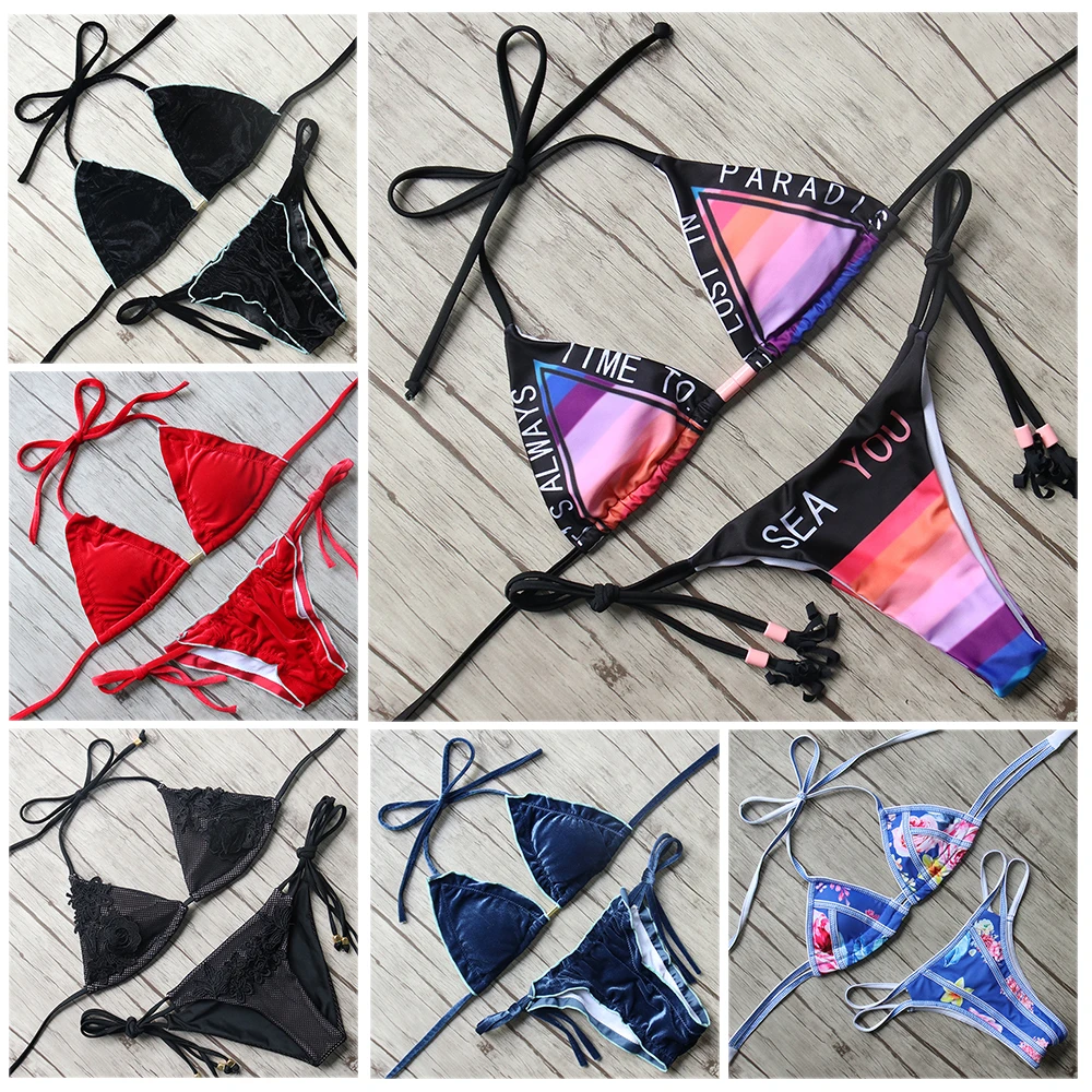 

Swimsuit Women Sexy Solid Bandage Bikini Set 2018 Push Up Print Letter Beach Wear Brazilian Adjustable Thong Halter Top Swimwear