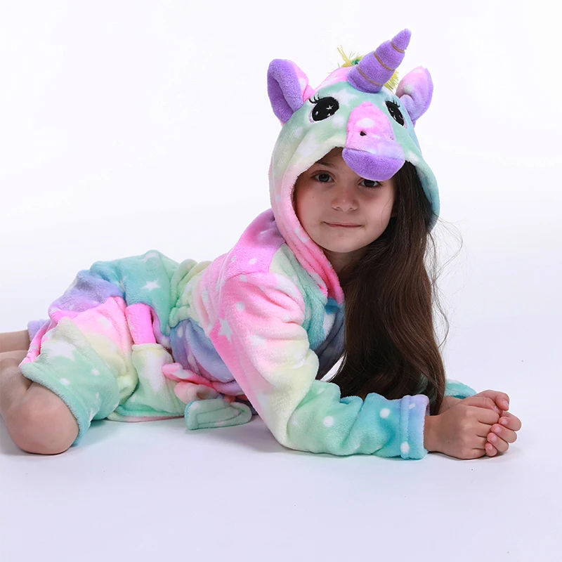 New Winter Bathrobe for Children Girls Flannel Warm Nightgown Robe Unicorn Star Hooded Dressing Gown Baby Boys Pajamas Bath Robe