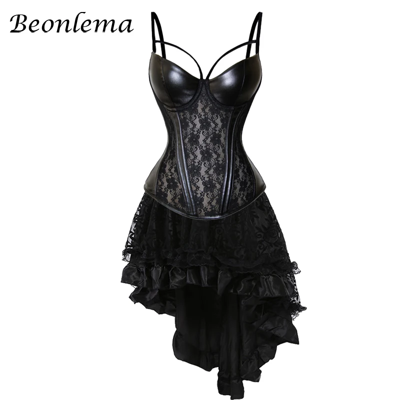 Beonlema, сексуальное кружевное платье из искусственной кожи, корсет, черный, плюс размер, бюстье, топы, сетка, пачка, корсеты, набор, сексуальная готическая одежда, Femme Korse - Цвет: Черный